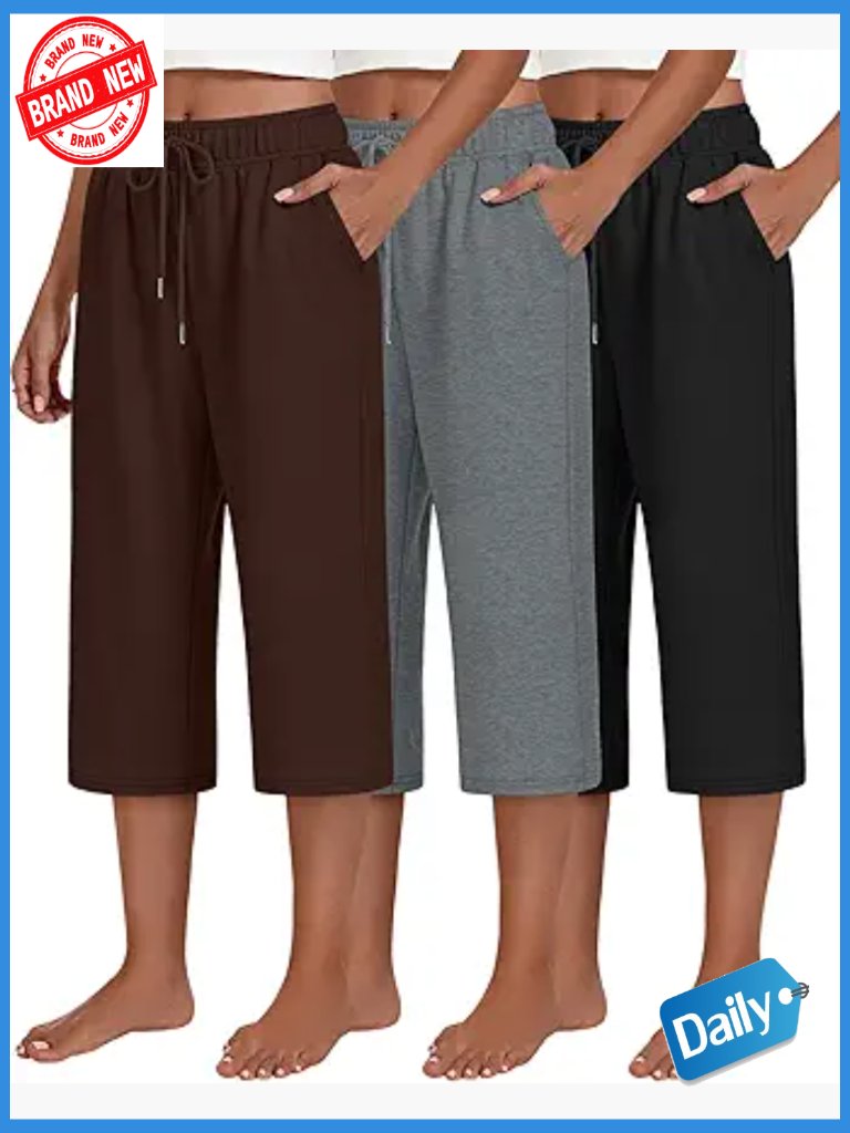 3 Pack Women's Capri Pants Drawstring Wide Leg Crop Lounge Sweatpants With